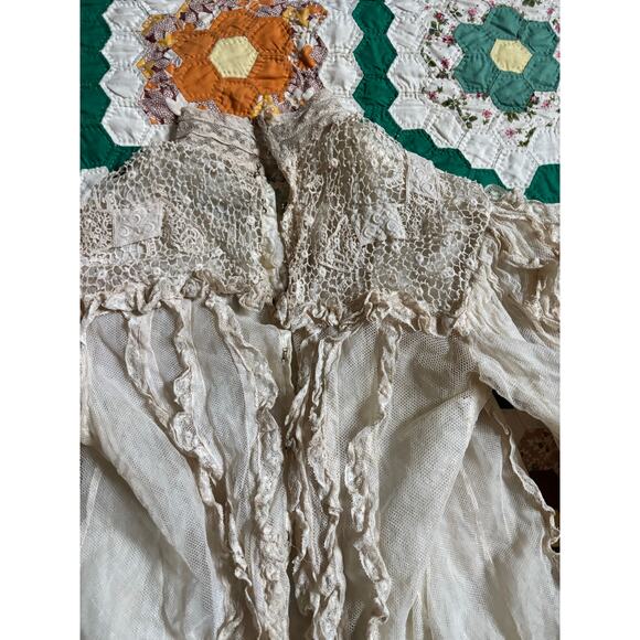 Antique Edwardian White Net Lace Silk Blouse Crochet Panels High Neck AS IS - Picture 10 of 16